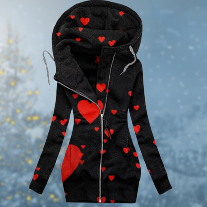 Women's Long Zip Hoodie – Heart Print, Asymmetrical Zip