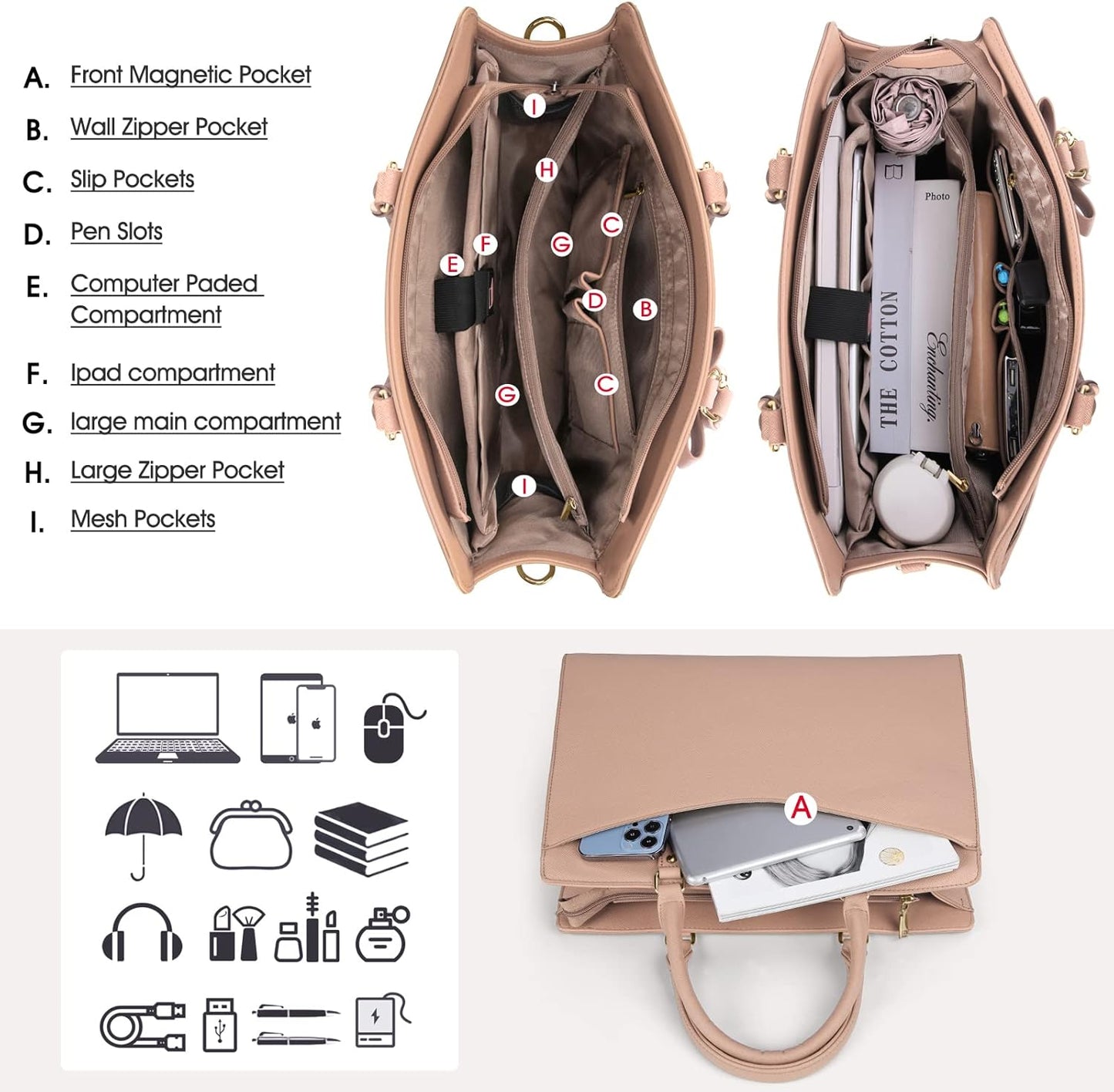 Waterproof PU Leather Laptop Tote Bag with Multi-Pocket Design for Women 10