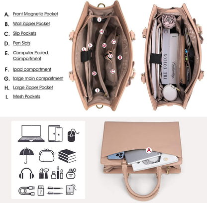 Waterproof PU Leather Laptop Tote Bag with Multi-Pocket Design for Women 10