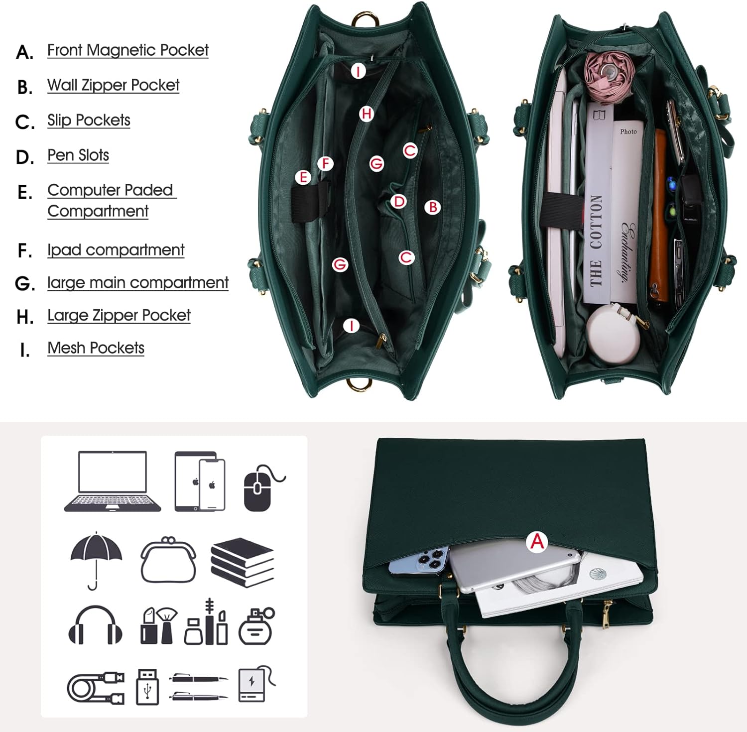 Waterproof PU Leather Laptop Tote Bag with Multi-Pocket Design for Women 3