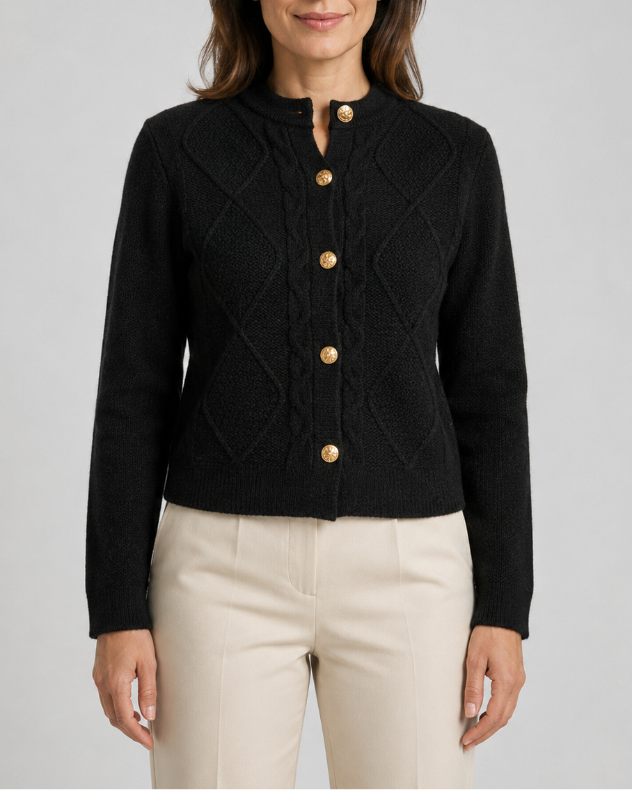 Women's Cable Knit Cardigan – Gold Buttons, Round Neck