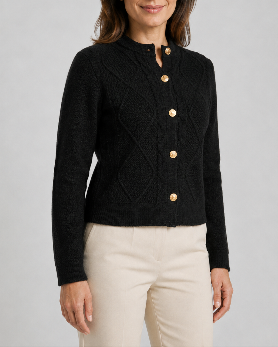 Women's Cable Knit Cardigan – Gold Buttons, Round Neck