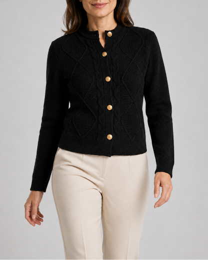 Women's Cable Knit Cardigan – Gold Buttons, Round Neck