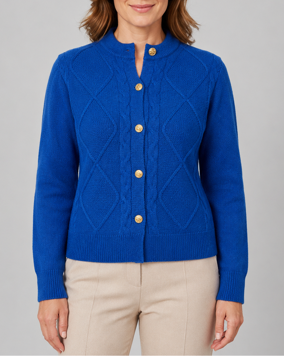 Women's Cable Knit Cardigan – Gold Buttons, Round Neck