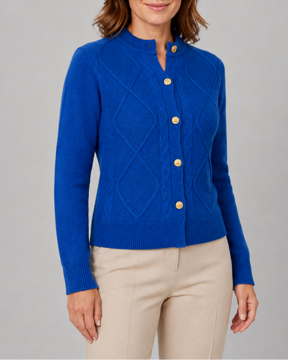 Women's Cable Knit Cardigan – Gold Buttons, Round Neck