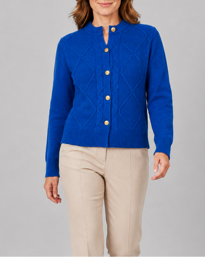 Women's Cable Knit Cardigan – Gold Buttons, Round Neck