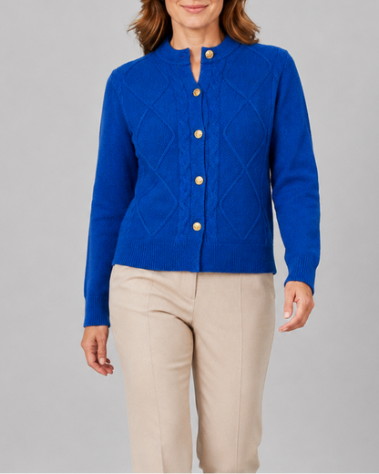 Women's Cable Knit Cardigan – Gold Buttons, Round Neck