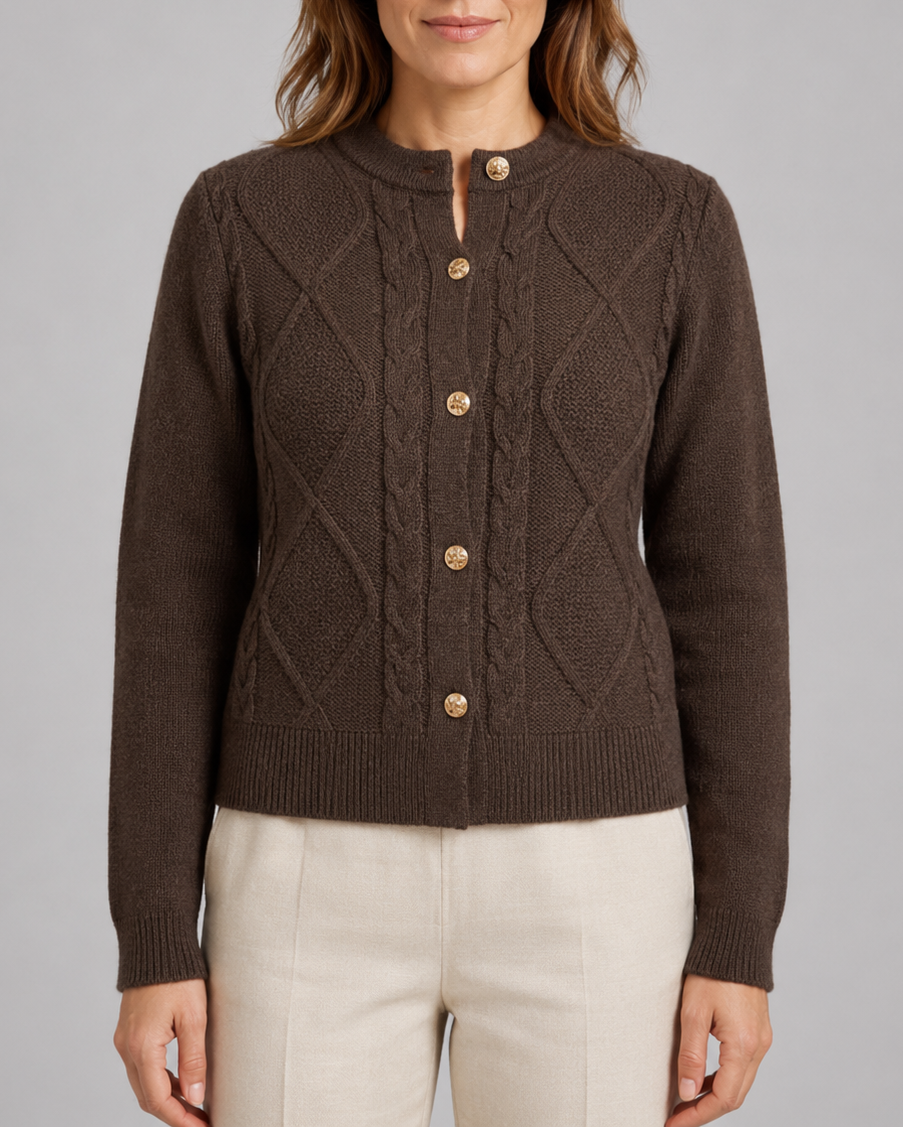 Women's Cable Knit Cardigan – Gold Buttons, Round Neck