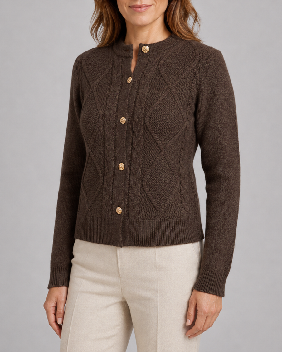 Women's Cable Knit Cardigan – Gold Buttons, Round Neck