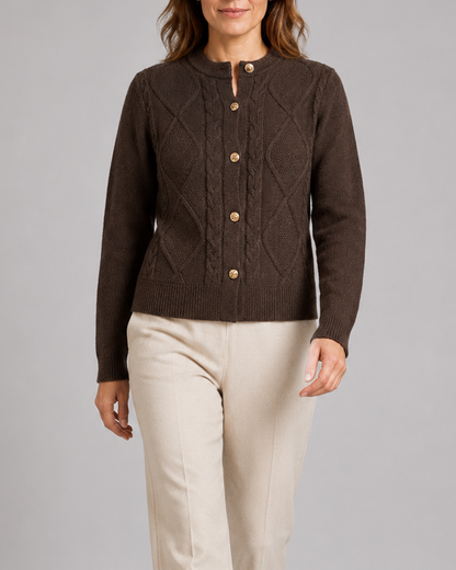 Women's Cable Knit Cardigan – Gold Buttons, Round Neck
