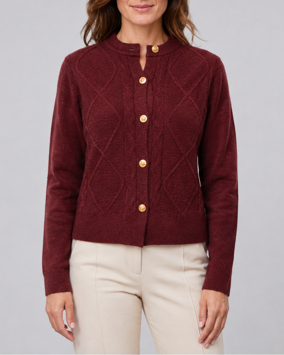 Women's Cable Knit Cardigan – Gold Buttons, Round Neck