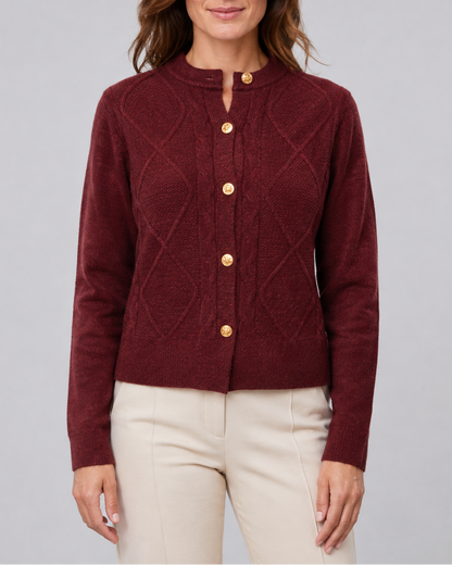 Women's Cable Knit Cardigan – Gold Buttons, Round Neck