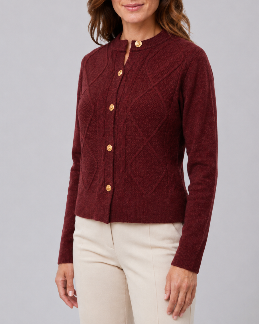 Women's Cable Knit Cardigan – Gold Buttons, Round Neck