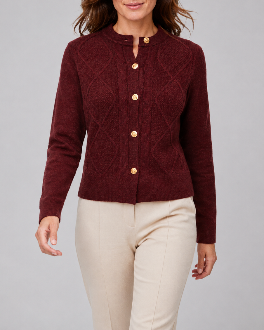 Women's Cable Knit Cardigan – Gold Buttons, Round Neck