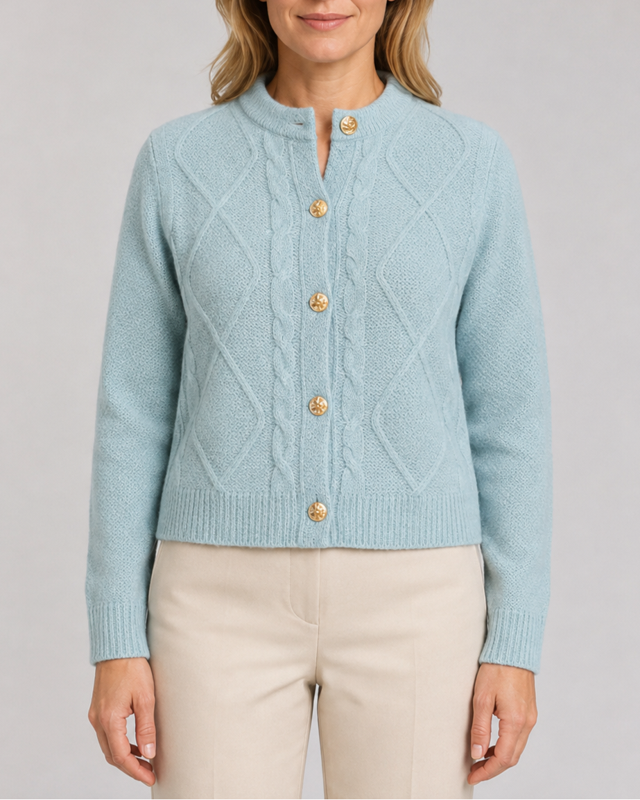 Women's Cable Knit Cardigan – Gold Buttons, Round Neck