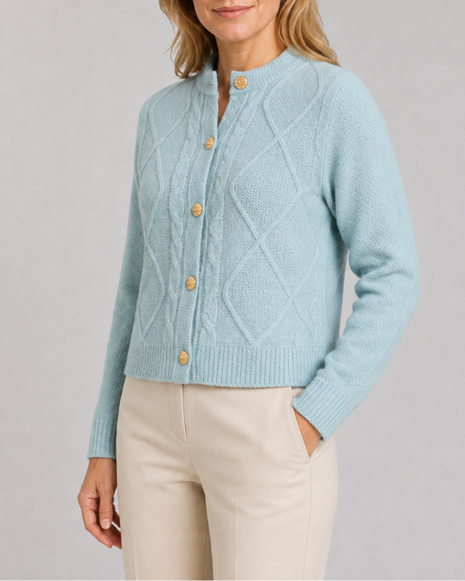 Women's Cable Knit Cardigan – Gold Buttons, Round Neck