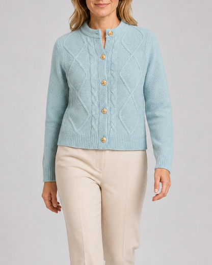 Women's Cable Knit Cardigan – Gold Buttons, Round Neck