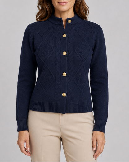 Women's Cable Knit Cardigan – Gold Buttons, Round Neck