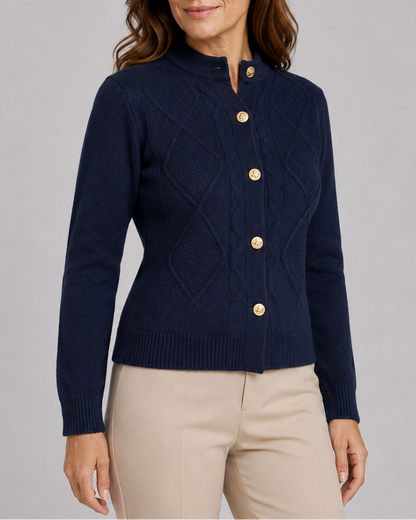 Women's Cable Knit Cardigan – Gold Buttons, Round Neck