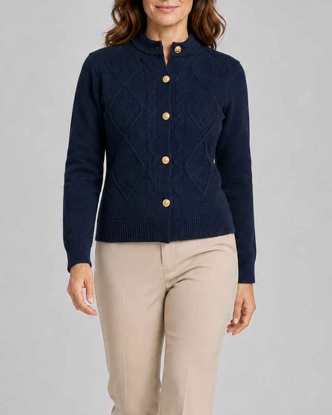 Women's Cable Knit Cardigan – Gold Buttons, Round Neck