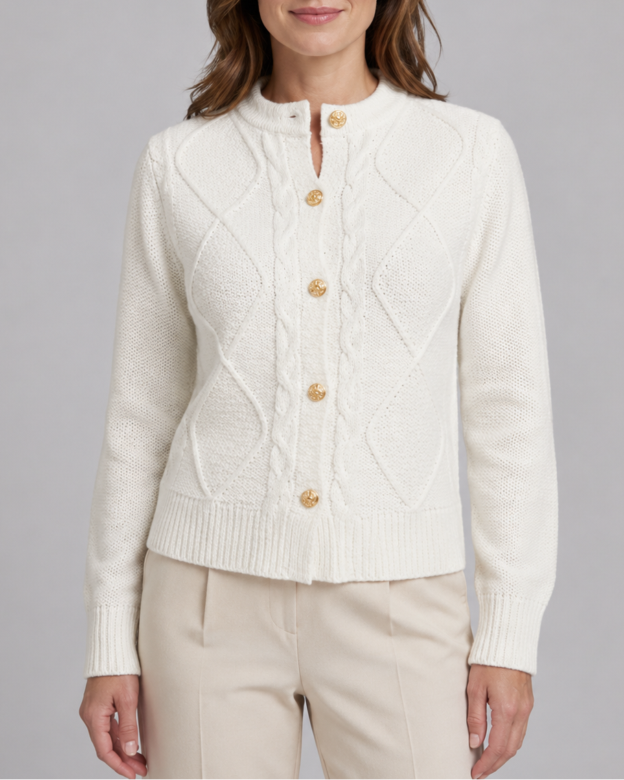 Women's Cable Knit Cardigan – Gold Buttons, Round Neck