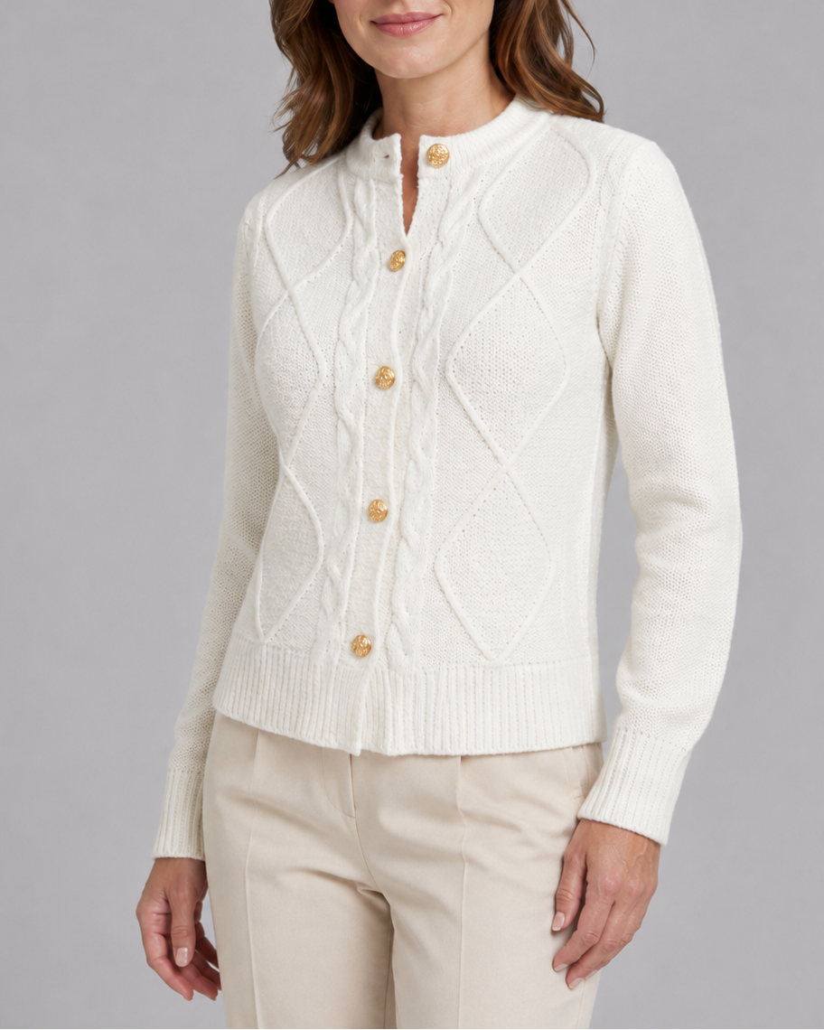 Women's Cable Knit Cardigan – Gold Buttons, Round Neck