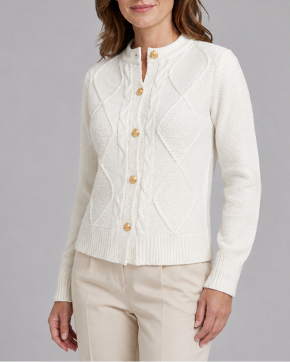 Women's Cable Knit Cardigan – Gold Buttons, Round Neck