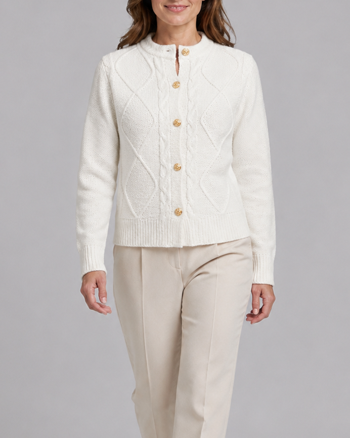 Women's Cable Knit Cardigan – Gold Buttons, Round Neck