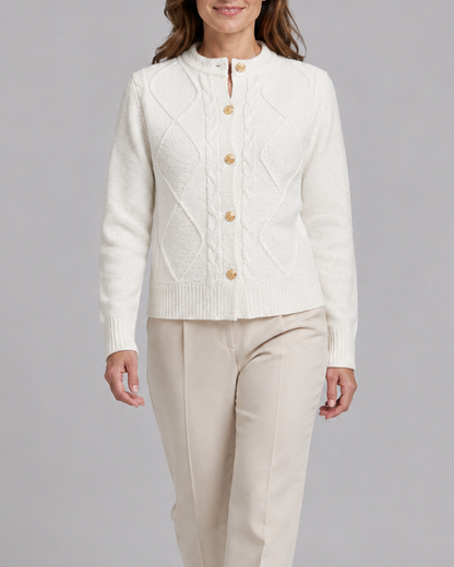 Women's Cable Knit Cardigan – Gold Buttons, Round Neck