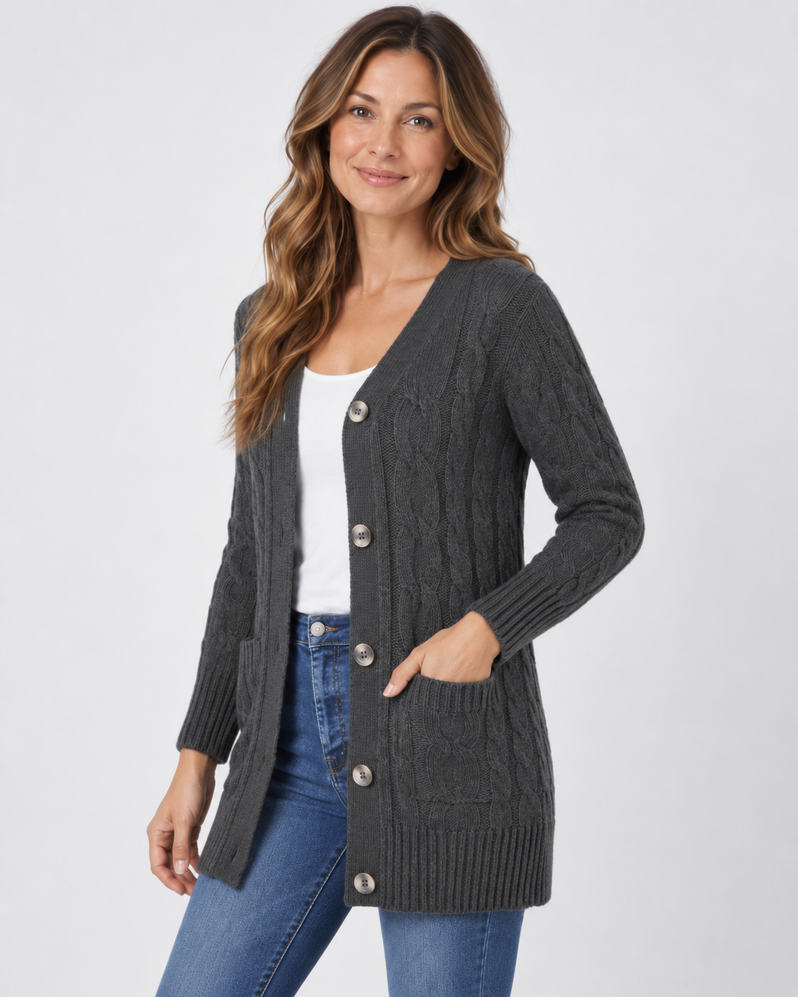 Women's Cardigan – Cable Knit, Button Front, Longline
