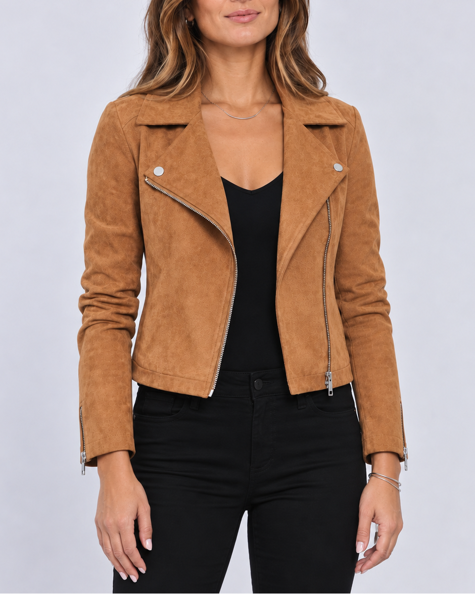 Women's Faux Suede Biker Jacket – Asymmetric Zip, Lapels