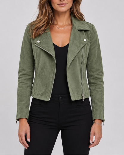 Women's Faux Suede Biker Jacket – Asymmetric Zip, Lapels