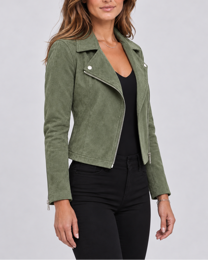 Women's Faux Suede Biker Jacket – Asymmetric Zip, Lapels