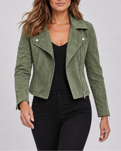 Women's Faux Suede Biker Jacket – Asymmetric Zip, Lapels