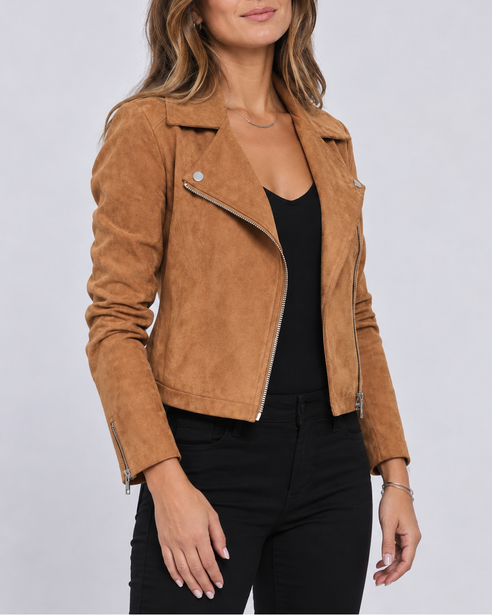 Women's Faux Suede Biker Jacket – Asymmetric Zip, Lapels