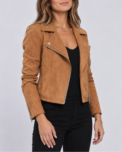 Women's Faux Suede Biker Jacket – Asymmetric Zip, Lapels