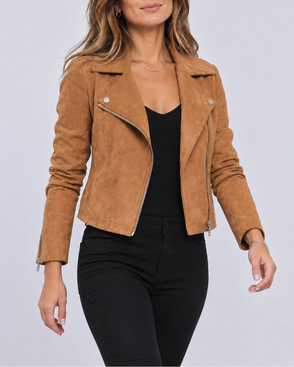 Women's Faux Suede Biker Jacket – Asymmetric Zip, Lapels