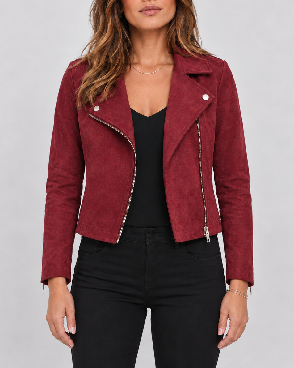 Women's Faux Suede Biker Jacket – Asymmetric Zip, Lapels