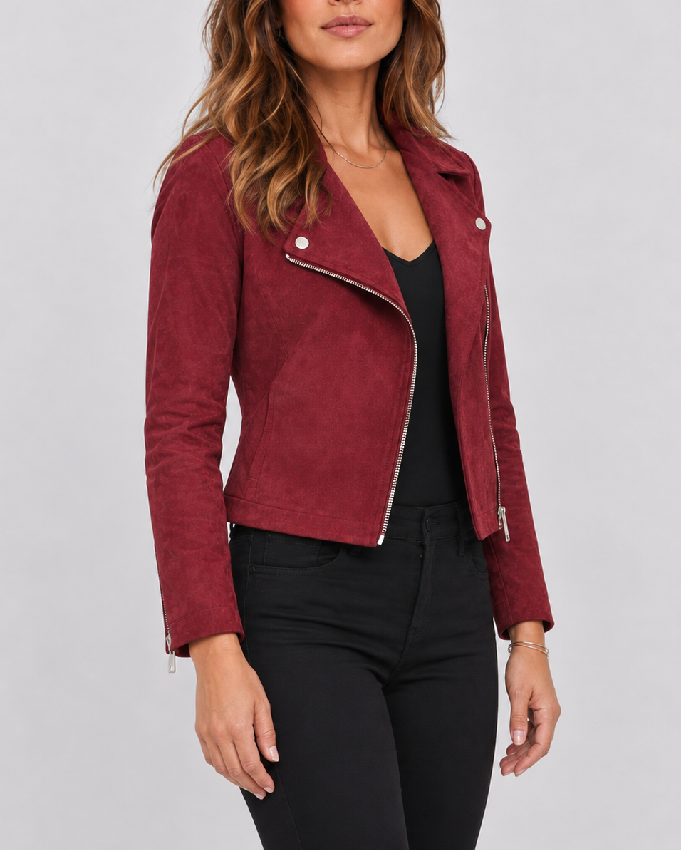 Women's Faux Suede Biker Jacket – Asymmetric Zip, Lapels