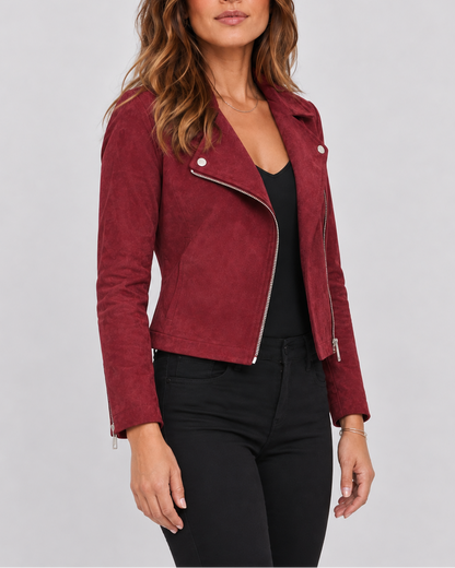 Women's Faux Suede Biker Jacket – Asymmetric Zip, Lapels