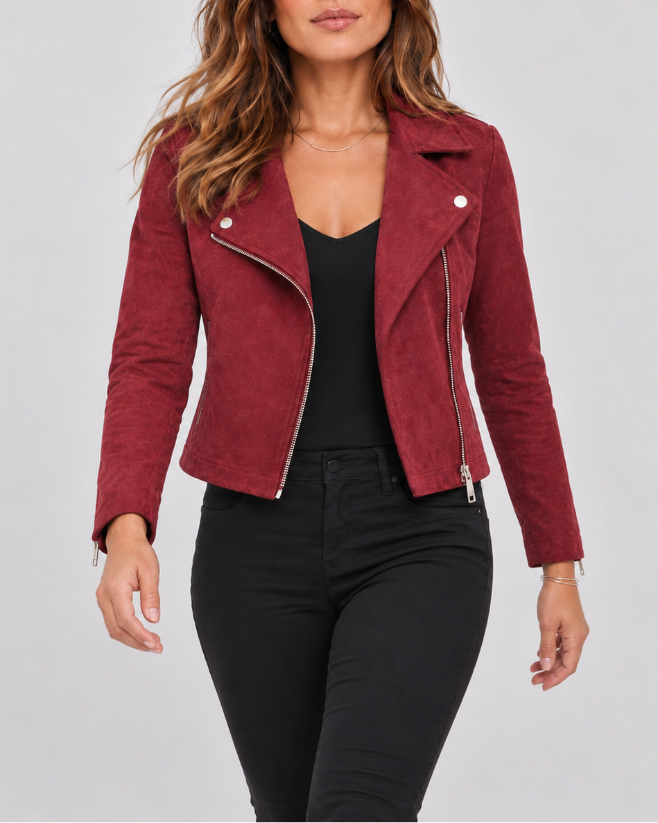 Women's Faux Suede Biker Jacket – Asymmetric Zip, Lapels