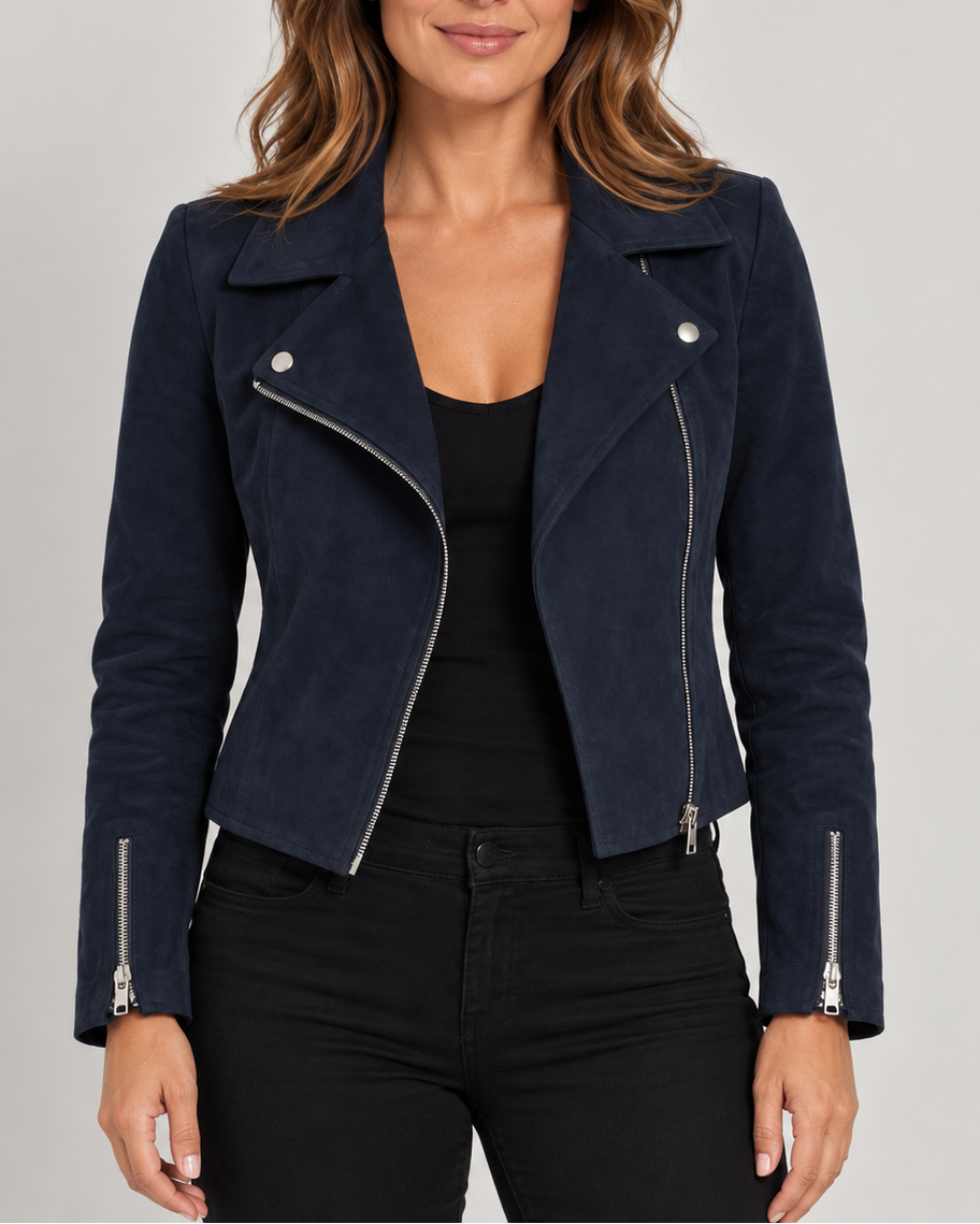 Women's Faux Suede Biker Jacket – Asymmetric Zip, Lapels