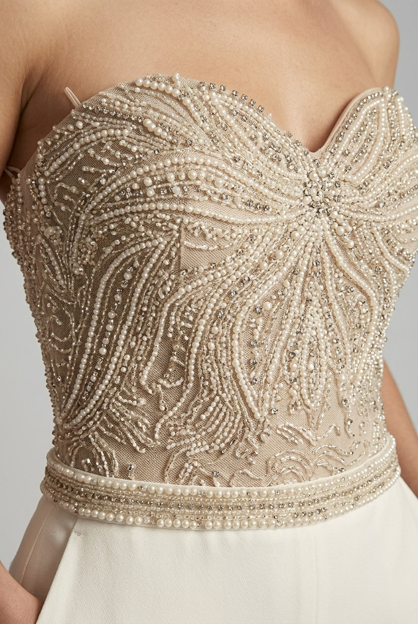 Women's Dressy Jumpsuit - Strapless Sweetheart Neck - Sequin Embellished Bodice - Straight Leg 2