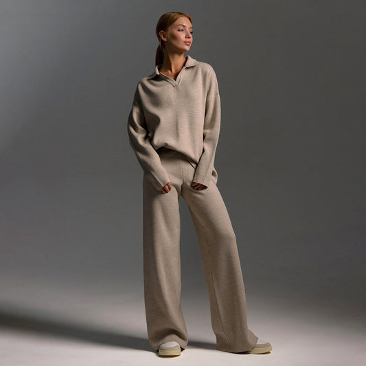 Women's Matching Set Oversized Polo Sweater and Wide Leg Pants