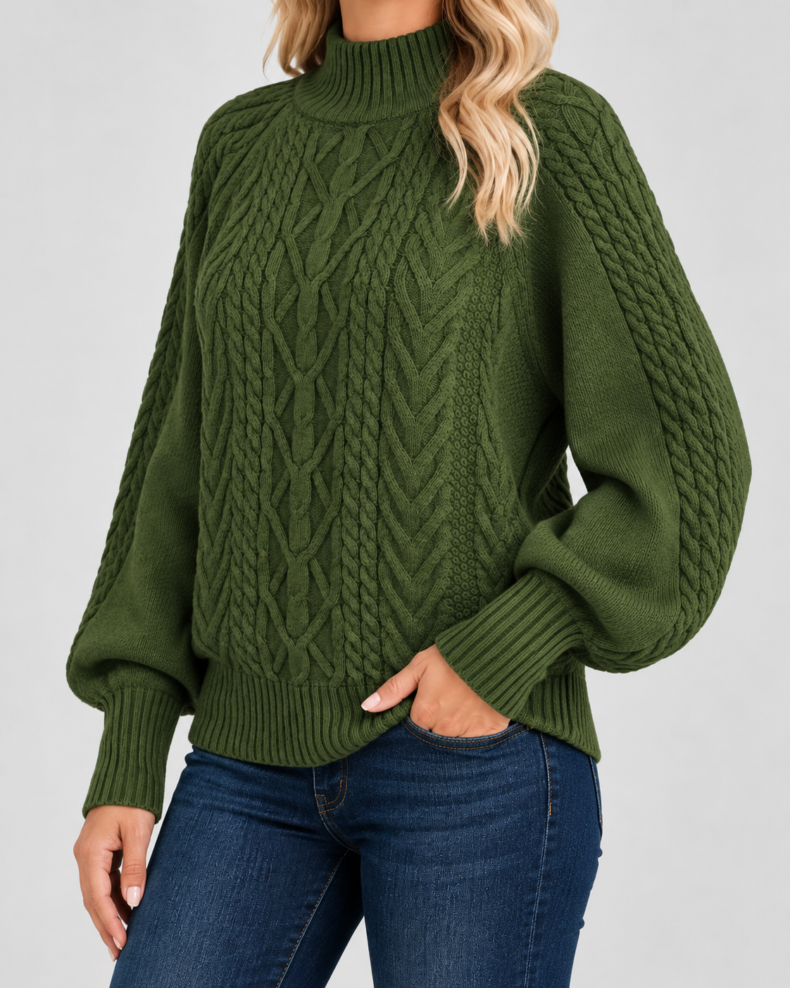 Women's Cable Knit Sweater – Mock Neck, Balloon Sleeves