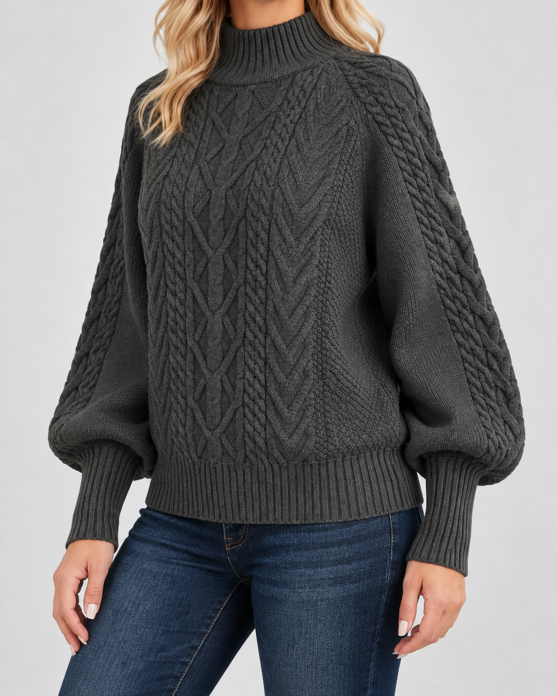 Women's Cable Knit Sweater – Mock Neck, Balloon Sleeves