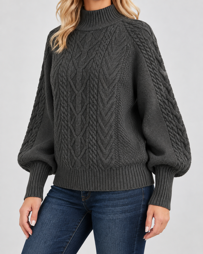 Women's Cable Knit Sweater – Mock Neck, Balloon Sleeves