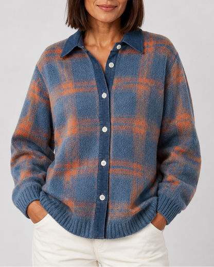 Women's Cardigan – Plaid Knit, Collared
