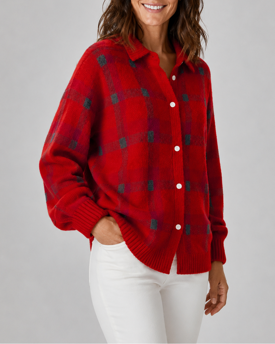 Women's Cardigan – Plaid Knit, Collared