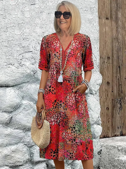 Women's Printed V-Neck Midi Dress Short Sleeve